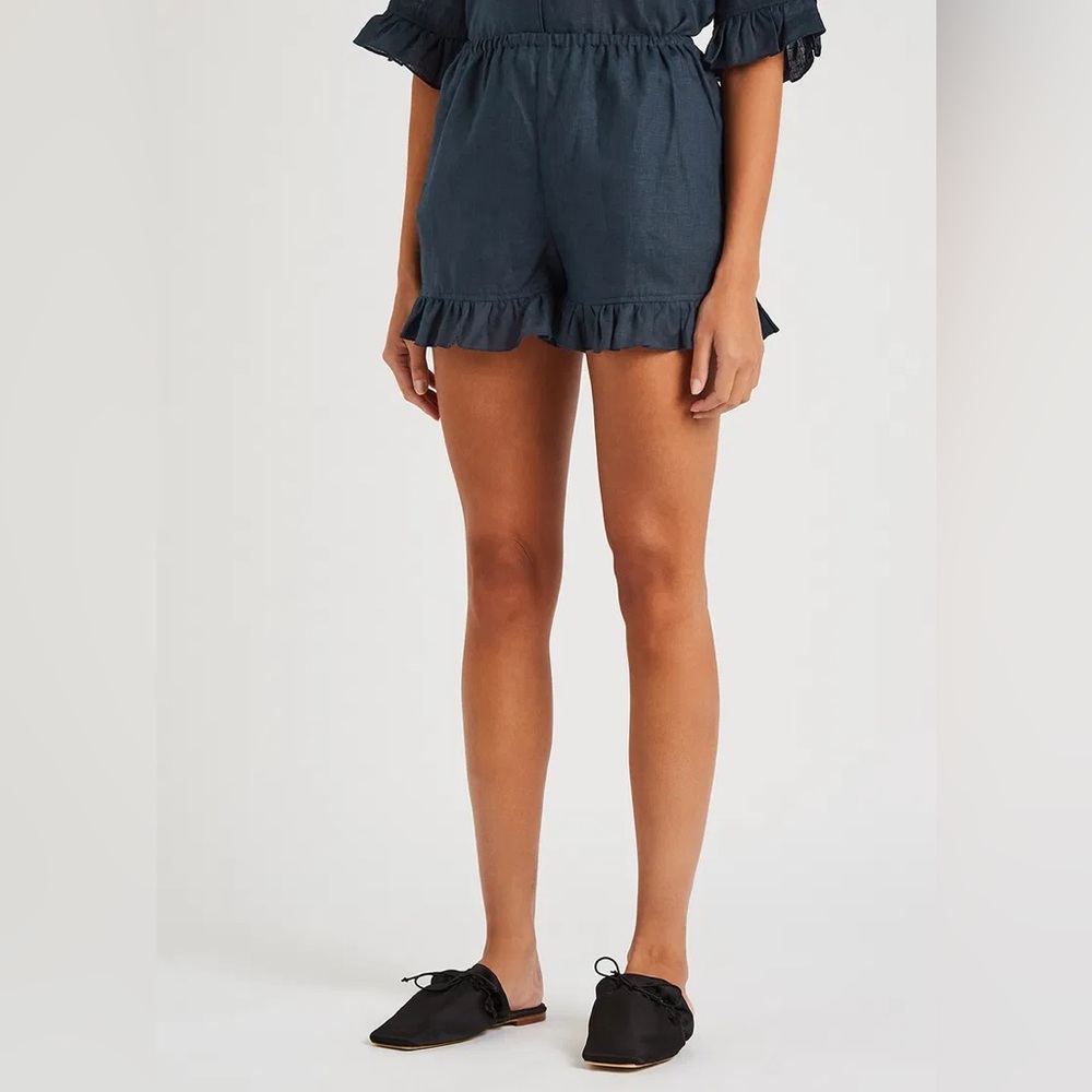 Sleeper 100% Linen Ruffle Lounge Short Navy XS